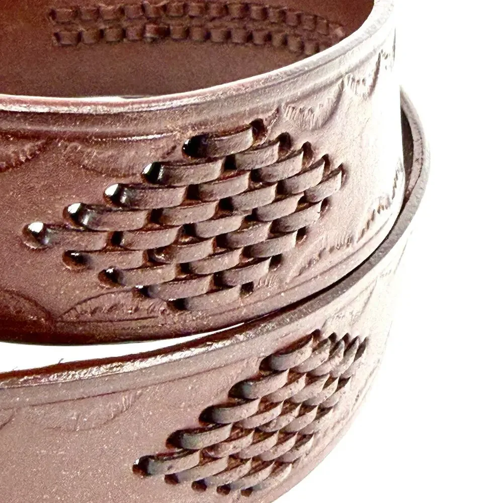 Vintage 80s Brown Genuine Leather Tooled Basketweave Western Belt